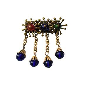 Vintage 30s Miriam Haskell Frank Hess Gripoix Glass Cobalt Bead Brass Brooch
